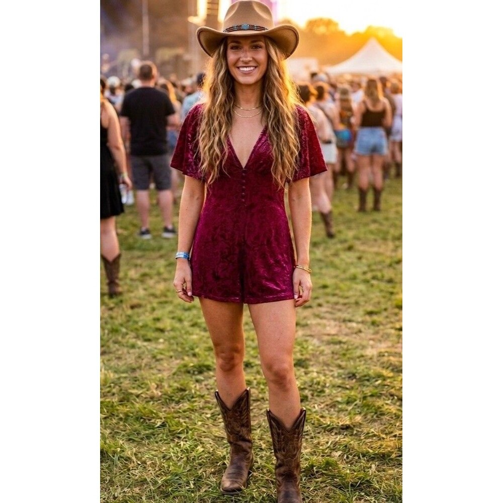Forever 21 Romper Small S Burgundy Velvet Burnout Floral Flutter Sleeve Festival